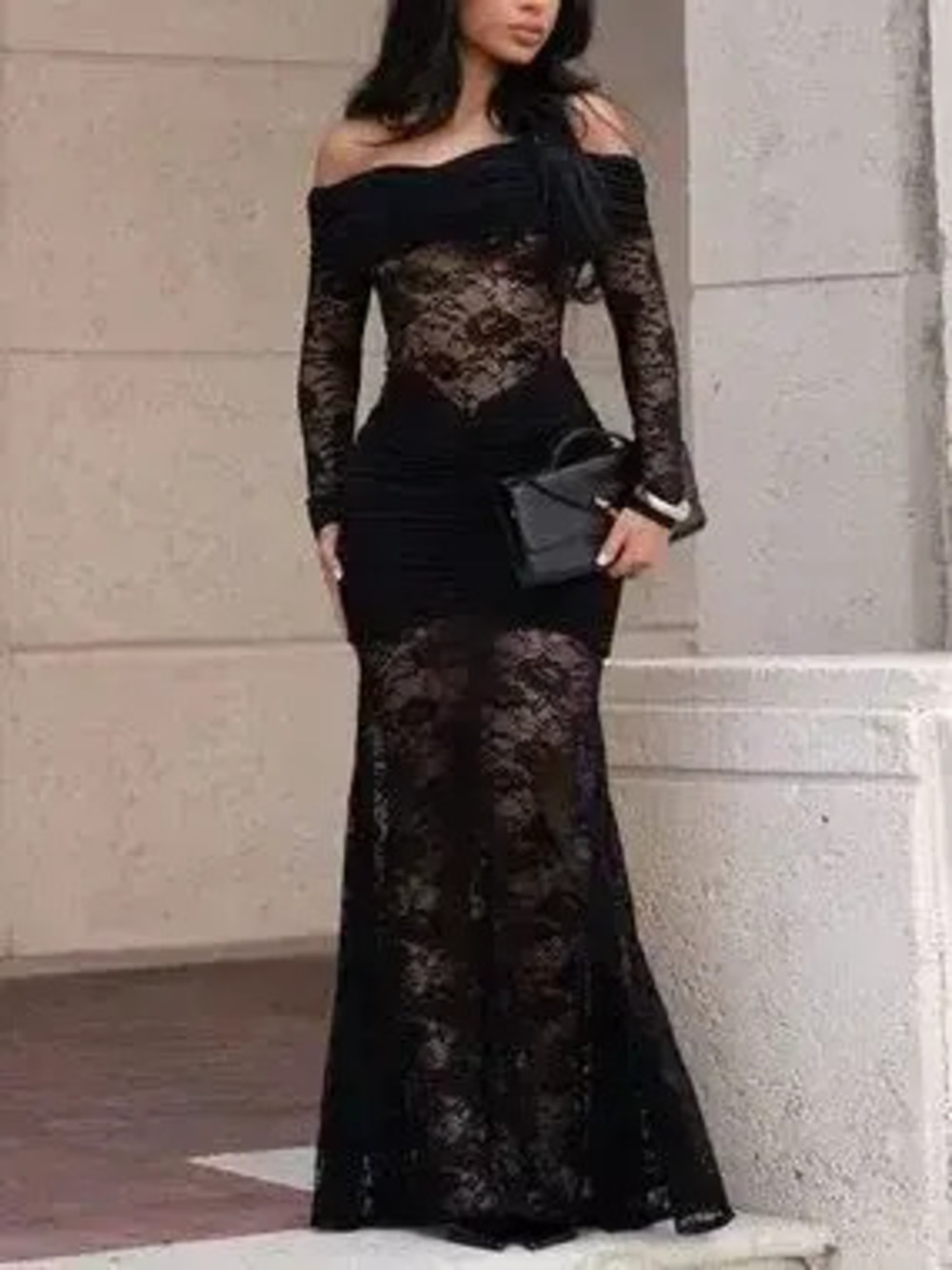 Off-Shoulder Ruched Lace Mermaid Maxi Dress - Picture 6 of 10